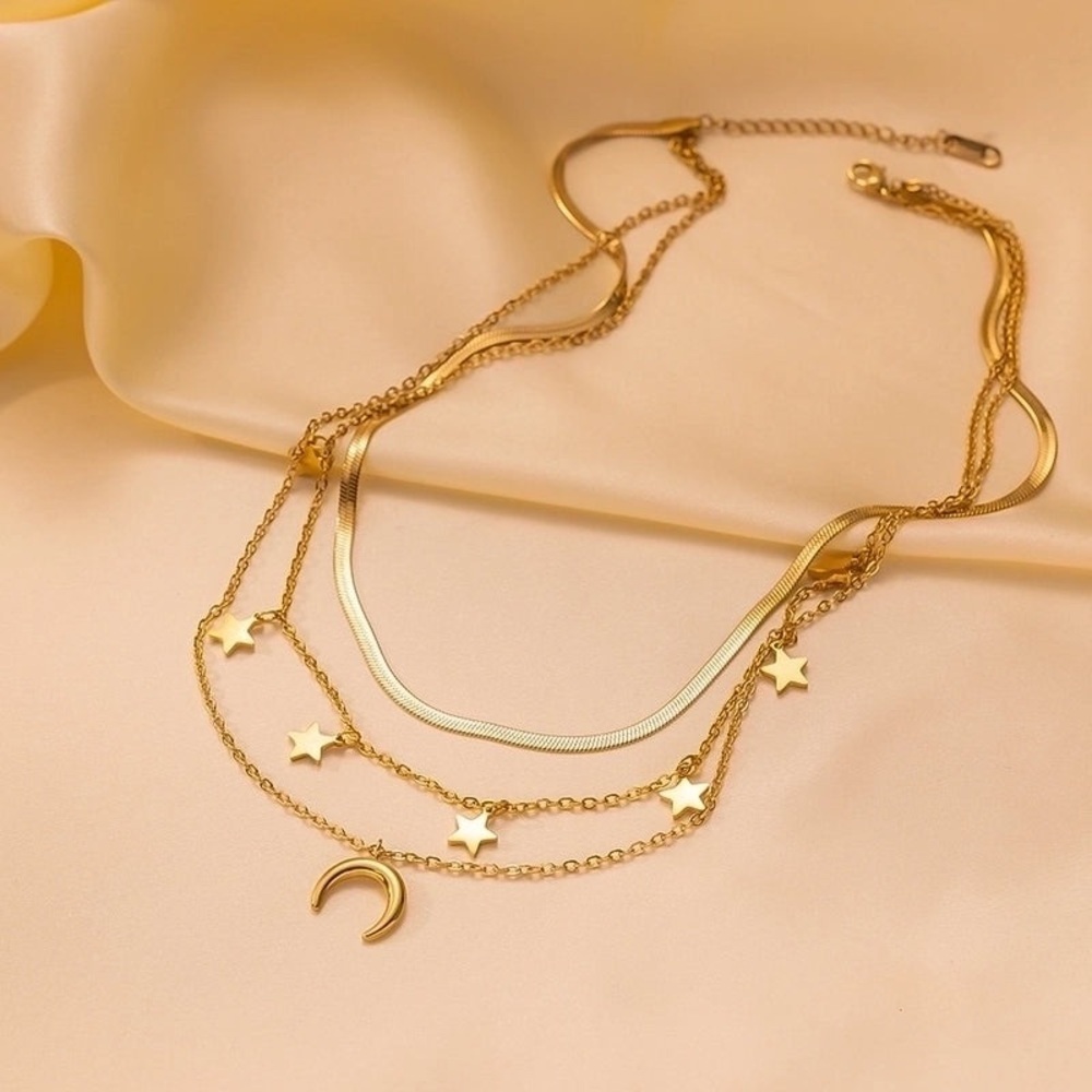 18K Gold Moon & Stars Celestial Bohemian Vintage Style Layered Necklace No Fade - Picture 12 of 14